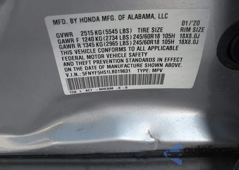 2020 Honda Pilot 2Wd Ex-L from USA, damaged, VIN 5FNYF5H51LB019631